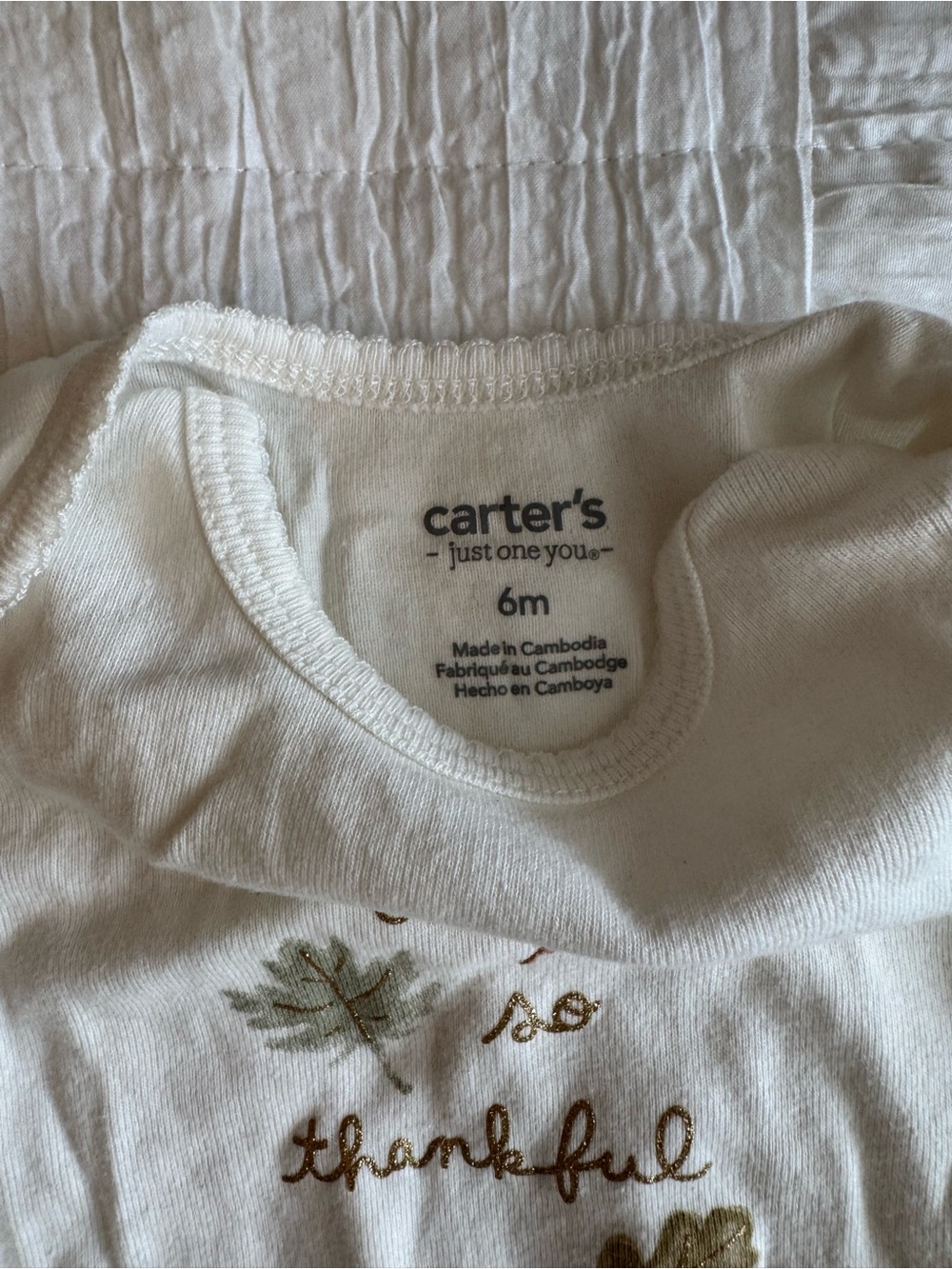 Carter's Thanksgiving White Baby Bodysuit with Gold and Green Leaf Detail - Picture 3 of 7
